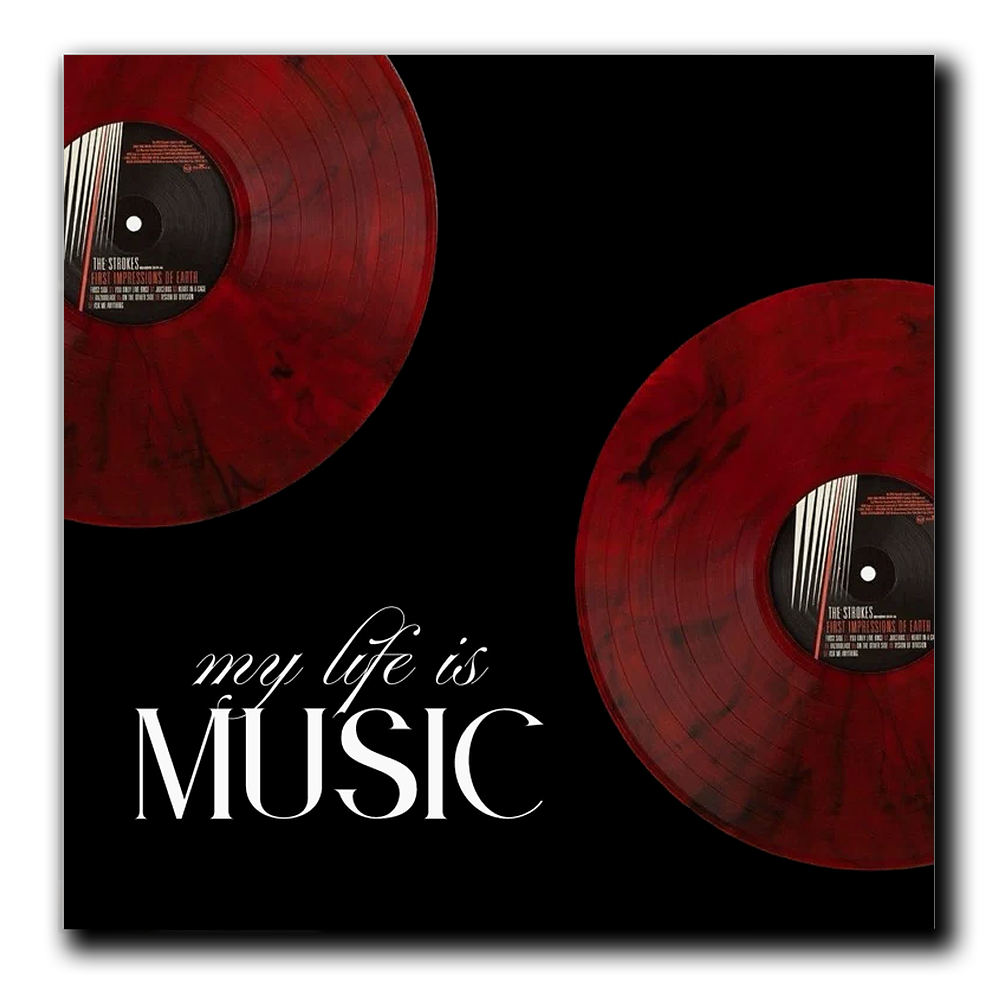 Square wall art print featuring two red vinyl records on a black background with the white text 'my life is MUSIC'.
