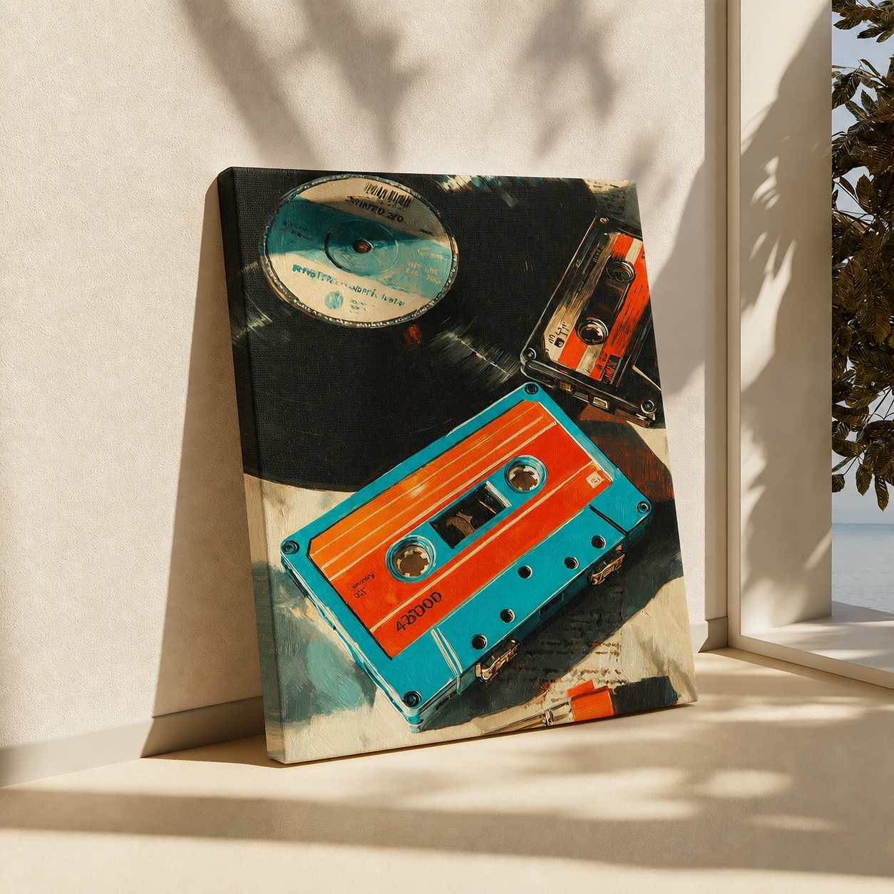 A rectangular canvas print leaning against a light beige wall on a windowsill, showing a collage of vintage cassette tapes in bright turquoise, orange, black, and cream tones. Sunlight and leaf shadows fall across the scene, with a window opening and greenery visible on the right.