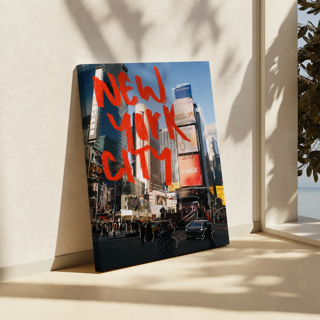 A vertical art print or poster leaning against a beige wall on a windowsill, showing a Times Square city scene with large red handwritten text reading “NEW YORK CITY.”.