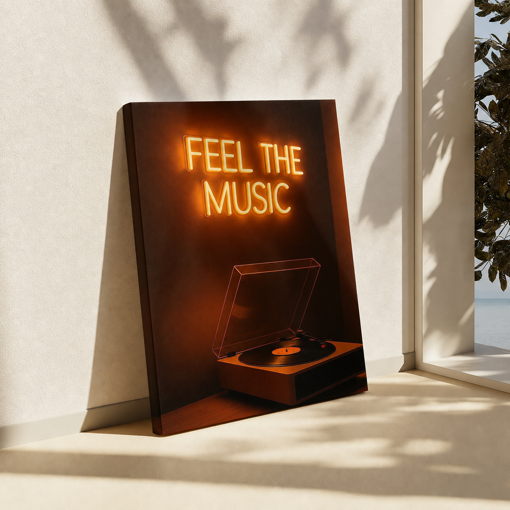 A vertical canvas print leaning against a light beige wall in a sunlit room. The artwork shows glowing orange text reading 'FEEL THE MUSIC' above an illustration of a turntable with a vinyl record.