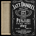 A framed Punjabi wall art print featuring a black background with white decorative typography and border, alongside a visible natural wood frame and textured canvas area on the left.