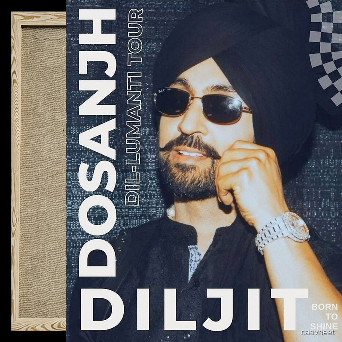 Album cover for Dosanjh's 'Dil-Lumanti Tour' featuring a portrait of Diljit Dosanjh wearing a black turban and sunglasses, with large white text and a partial view of a wooden record sleeve on the left.