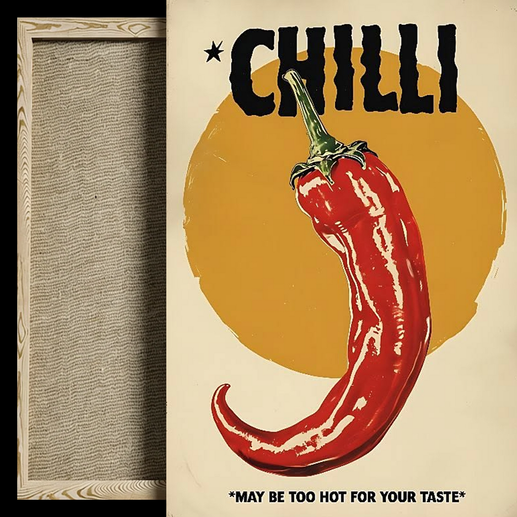 A framed art print featuring a vintage-style illustration of a red chili pepper on a cream background with the word 'CHILLI' in bold black letters and a warning quote at the bottom. The left edge shows the textured canvas and wooden frame.