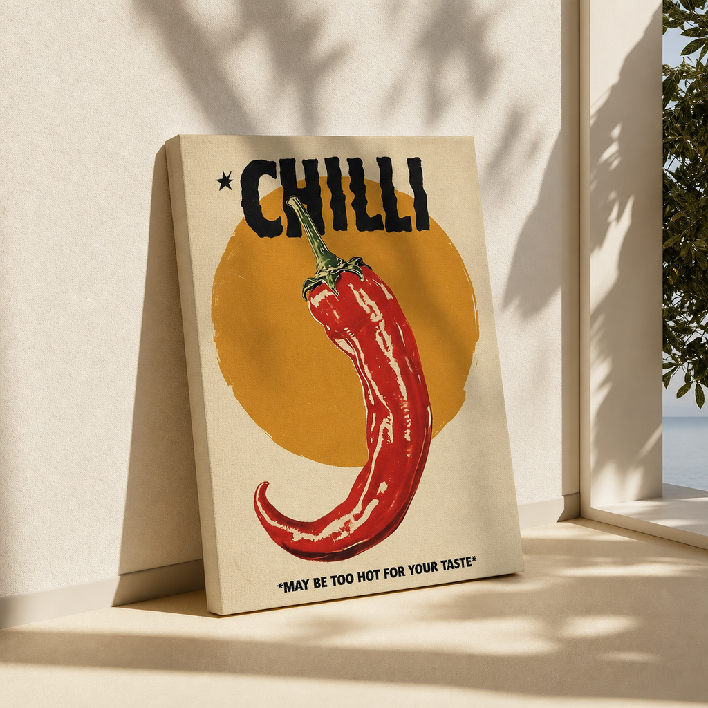 A canvas wall art print featuring a red chili pepper over a yellow circle with the word 'CHILLI' and the quote 'MAY BE TOO HOT FOR YOUR TASTE', leaning against a beige wall in a sunlit interior near a window.