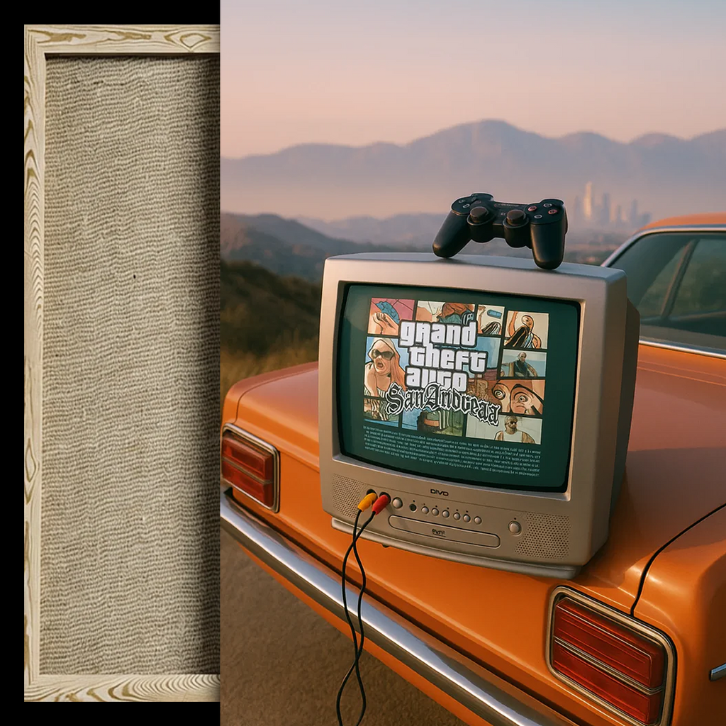 A framed textured canvas print shown next to a retro CRT television sitting on the trunk of an orange car, with a video game controller on top and a blurred outdoor mountain background.