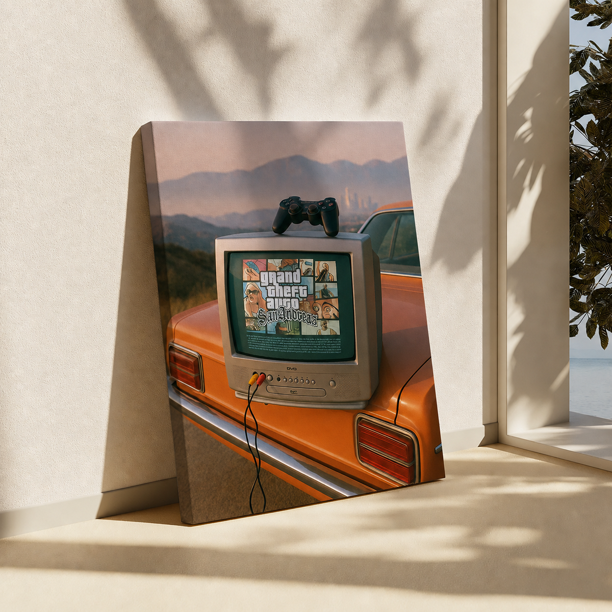 A vertical canvas art print leaning against a beige wall in a sunlit room. The artwork shows an orange car with a retro CRT television on its trunk, displaying the Grand Theft Auto V logo, with a black game controller resting on top.