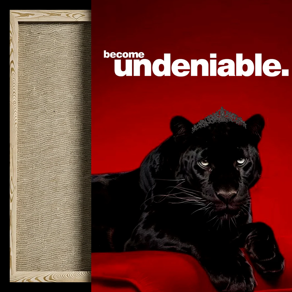 A framed art print featuring a black panther lying on a red background with the white text 'become undeniable.' on the right, alongside a close-up of the textured beige linen-like frame material on the left.