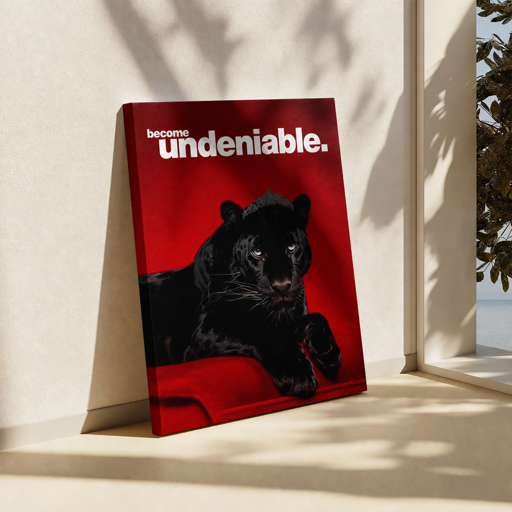 A square art print or poster leaning against a beige wall on a windowsill, featuring a black panther on a vivid red background with the text 'become undeniable.' in white.