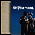A square product image showing a framed canvas print. The left side displays the physical canvas with a light wood frame and visible texture, while the right side shows the printed artwork featuring Daft Punk in black suits against a dark blue background with the text 'stick to the plan, not your mood.
