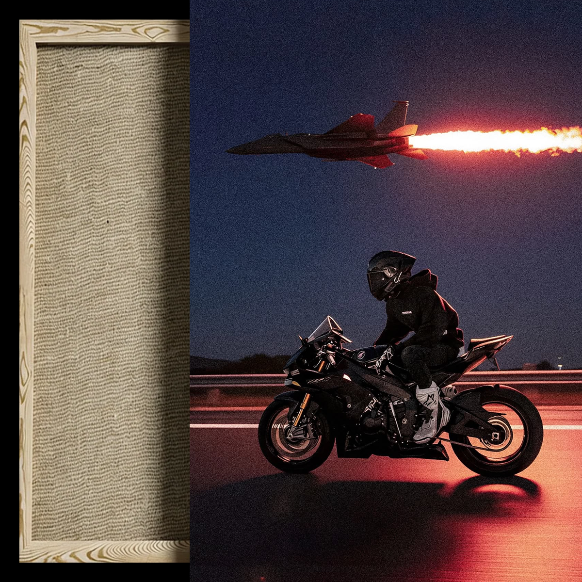 A framed art print or canvas featuring a motorcycle rider on a highway at night with a fighter jet flying overhead and a bright exhaust trail, shown next to a close-up of the textured beige fabric or paper material.