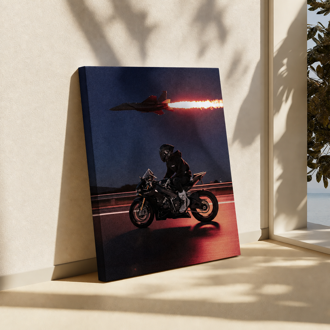 A vertical canvas print leaning against a beige wall on a windowsill, showing a dramatic scene of a motorcyclist on a road with a jet fighter leaving a bright red exhaust trail in the dark blue sky.
