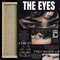 A framed art print titled 'THE EYES' featuring multiple close-up illustrations of eyes and text including 'CHICO' and 'THEY NEVER LIE'. A second view on the left shows the unframed canvas with a light beige linen texture and wooden frame against a dark background.
