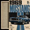 Vintage Ford Mustang 1969 poster print shown alongside a close-up of the textured wood grain frame or matting border. The poster features a blue Mustang car, bold '1969 MUSTANG' text, and the Ford logo.