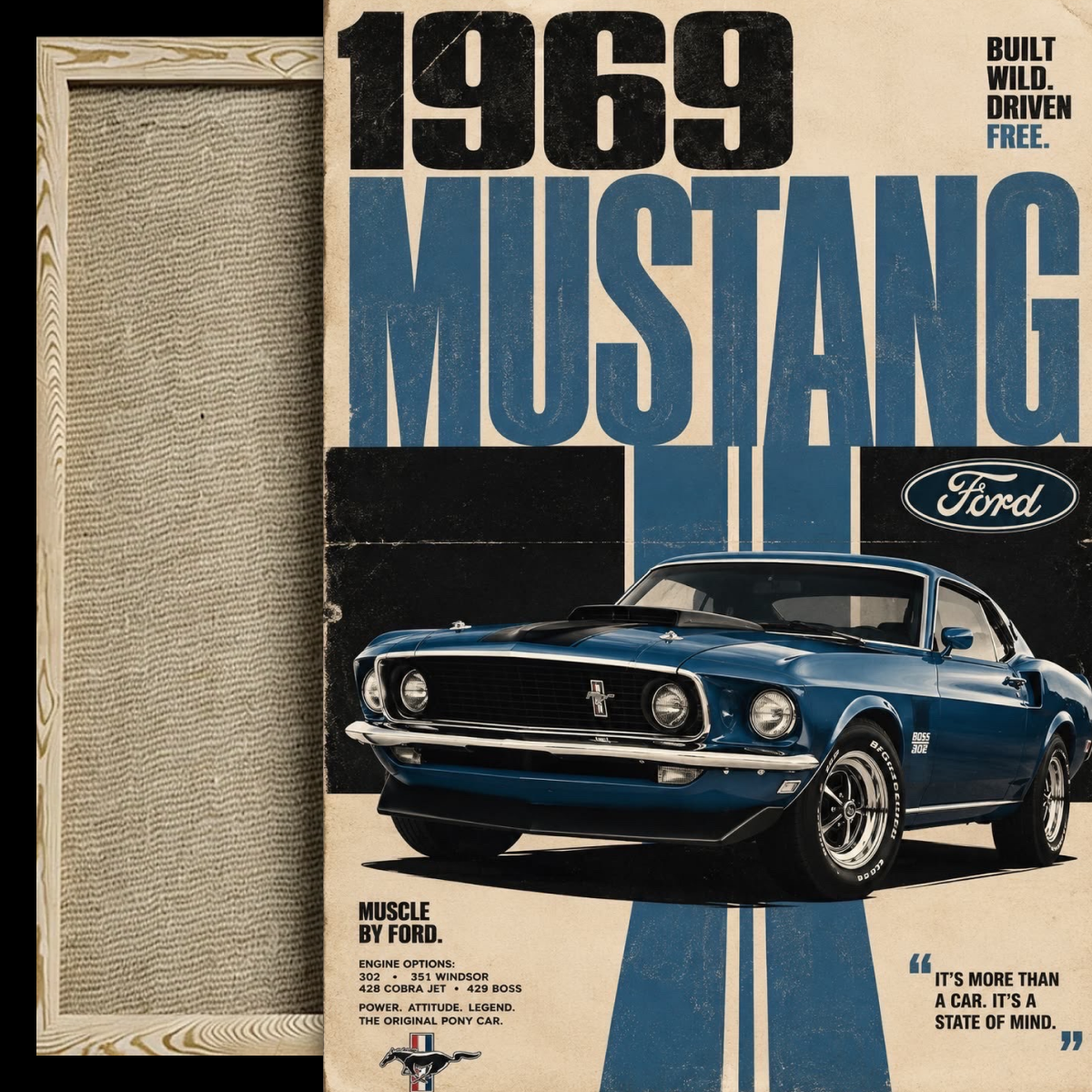 Vintage Ford Mustang 1969 poster print shown alongside a close-up of the textured wood grain frame or matting border. The poster features a blue Mustang car, bold '1969 MUSTANG' text, and the Ford logo.