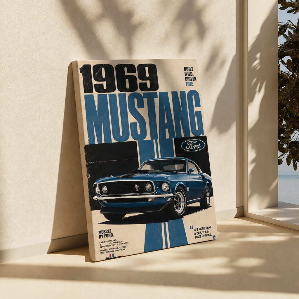 A vintage-style poster or book cover featuring a blue 1969 Ford Mustang, leaning against a beige wall in a sunlit interior near a window.