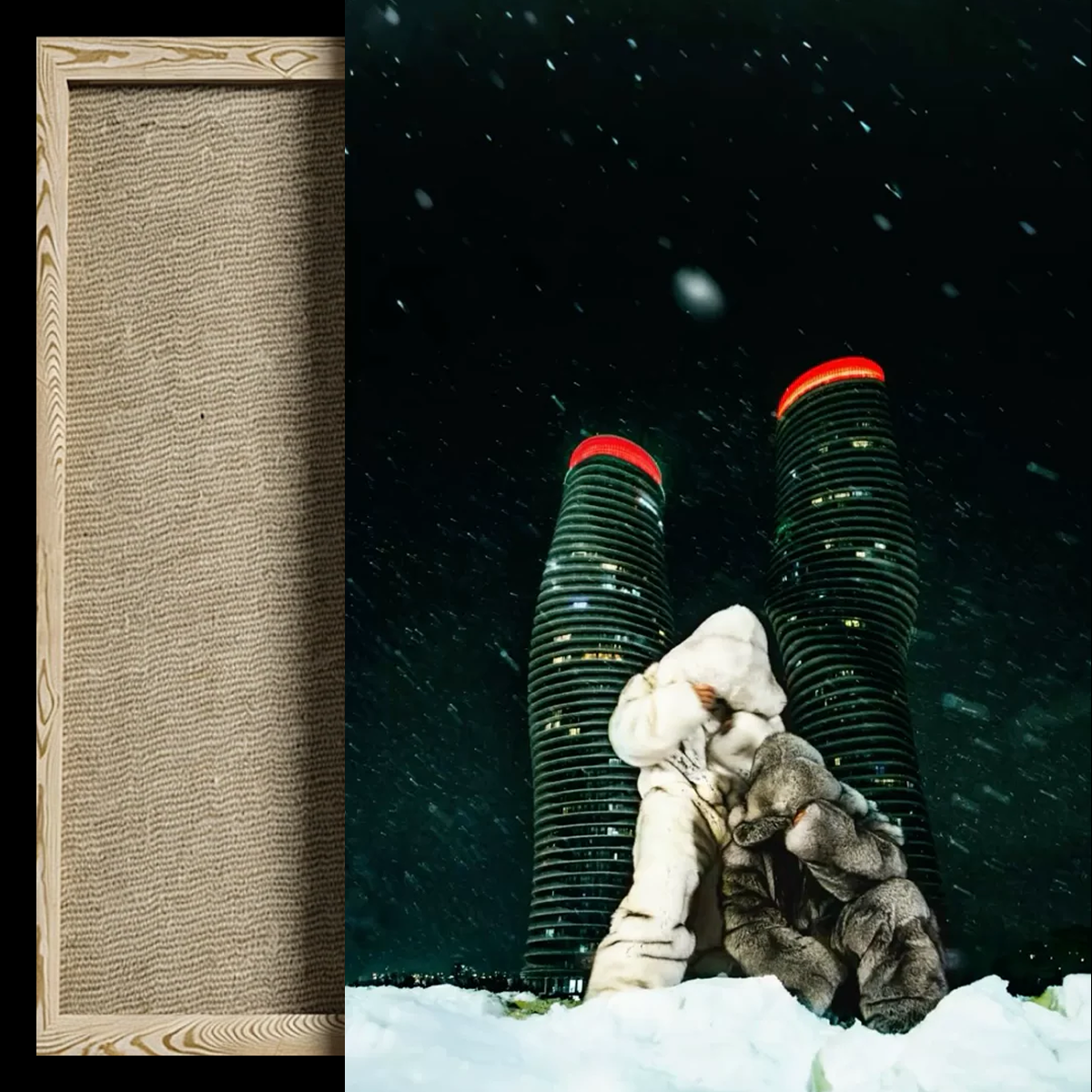 A split image showing a textured beige fabric or canvas panel on the left and a lifestyle scene on the right featuring two people embracing in the snow in front of two dark skyscrapers with red lights during a snowy night.