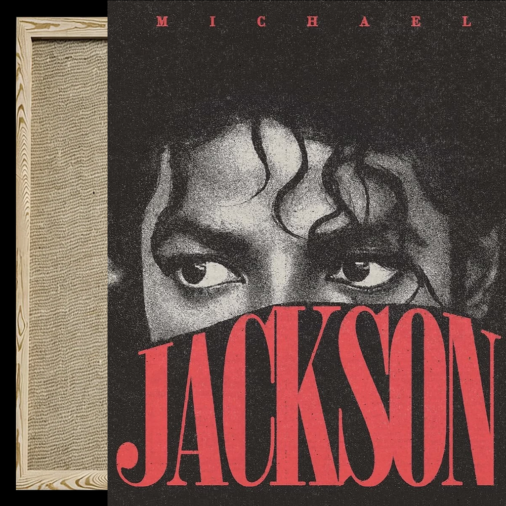 Michael Jackson album cover artwork shown in a close-up view, featuring a black-and-white portrait with the name 'MICHAEL' at the top and large 'JACKSON' text in red across the lower portion. A narrow wood-toned frame or border is visible along the left edge.