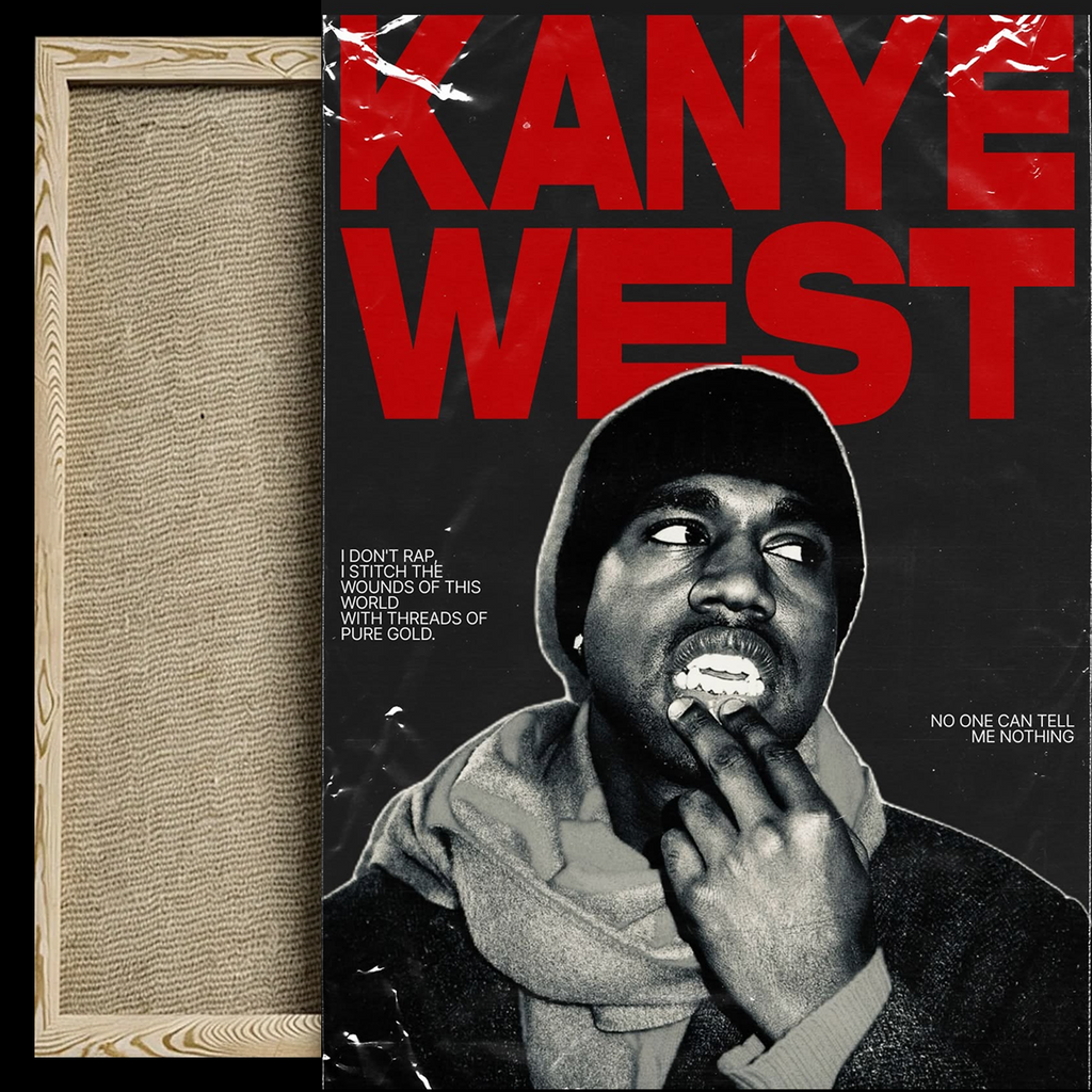 A framed art print featuring a black-and-white portrait of Kanye West with large red 'KANYE WEST' text at the top, shown next to a textured beige mat or backing on a dark background.