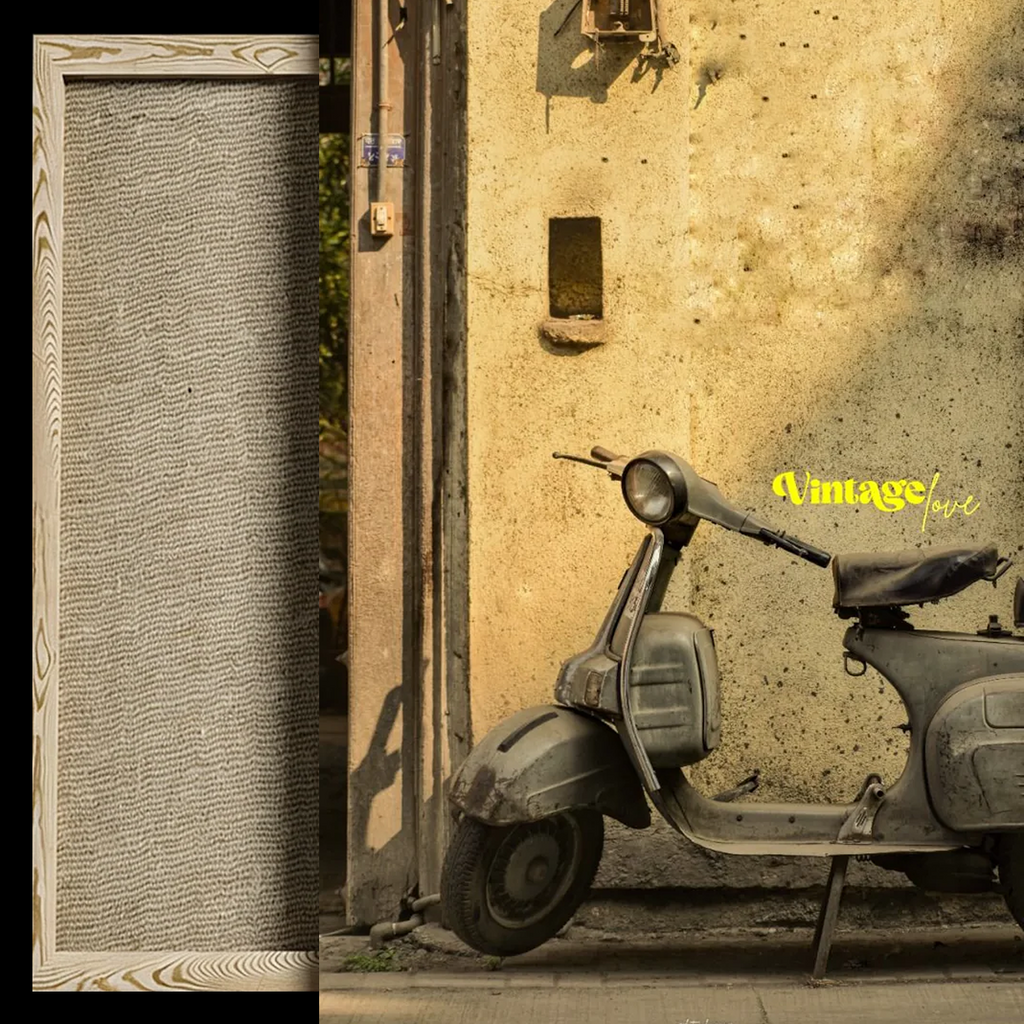 A vintage-style scooter parked against a textured beige wall next to a narrow doorway, with a vertical inset showing a close-up of a woven or ribbed fabric/material sample in a gray-beige tone.