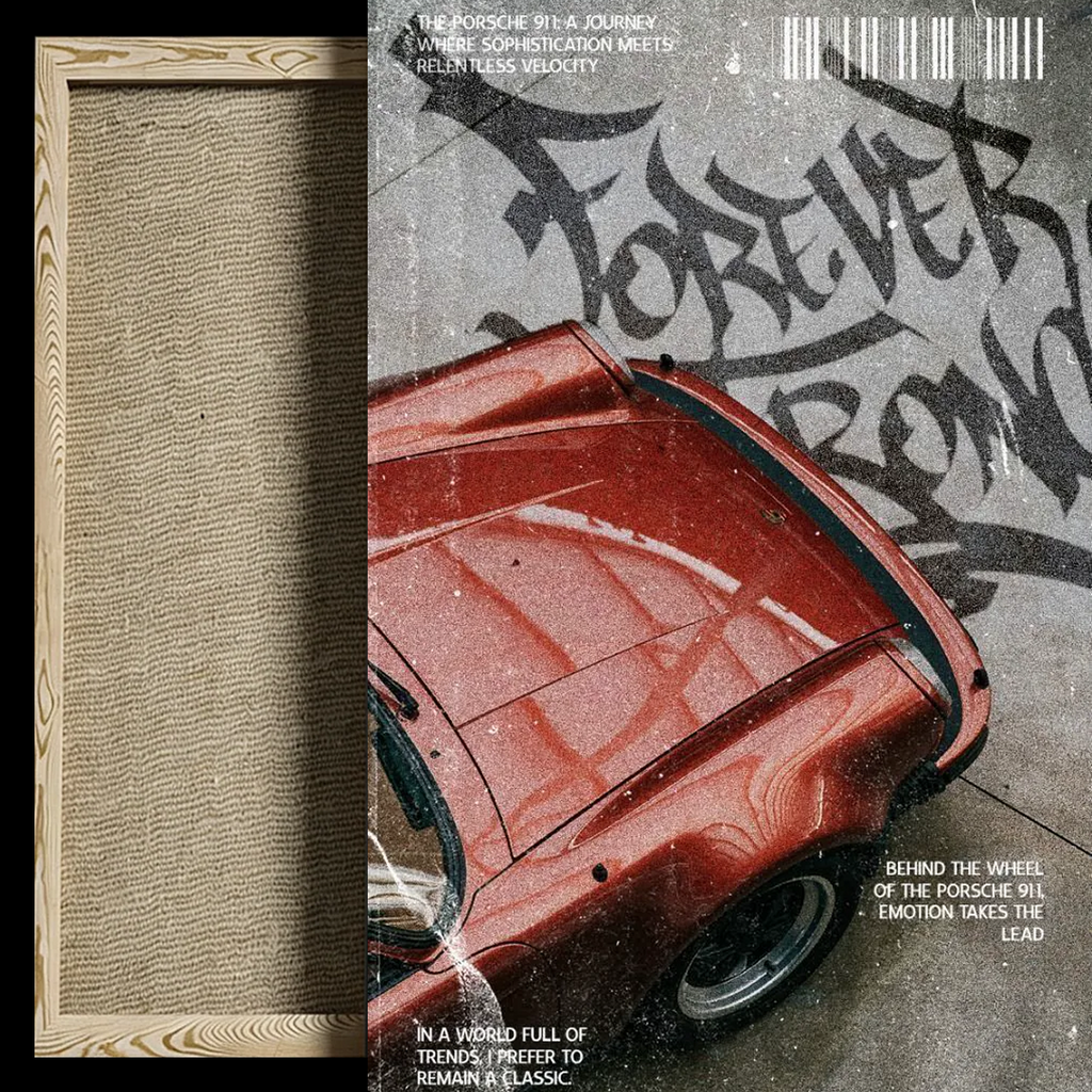 A framed art print featuring a vintage red sports car on a textured gray concrete background with black graffiti-style lettering. The left side shows the light natural wood frame and textured matting.