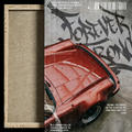 A framed art print featuring a vintage red sports car on a textured gray concrete background with black graffiti-style lettering. The left side shows the light natural wood frame and textured matting.