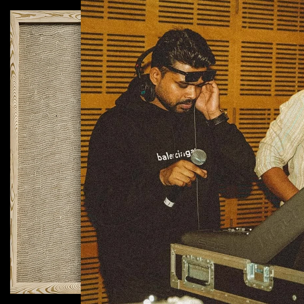 A person in a black Balenciaga hoodie stands in a studio setting with headphones on, holding a microphone near a DJ equipment case. A narrow vertical inset on the left shows a close-up of textured gray fabric or material.