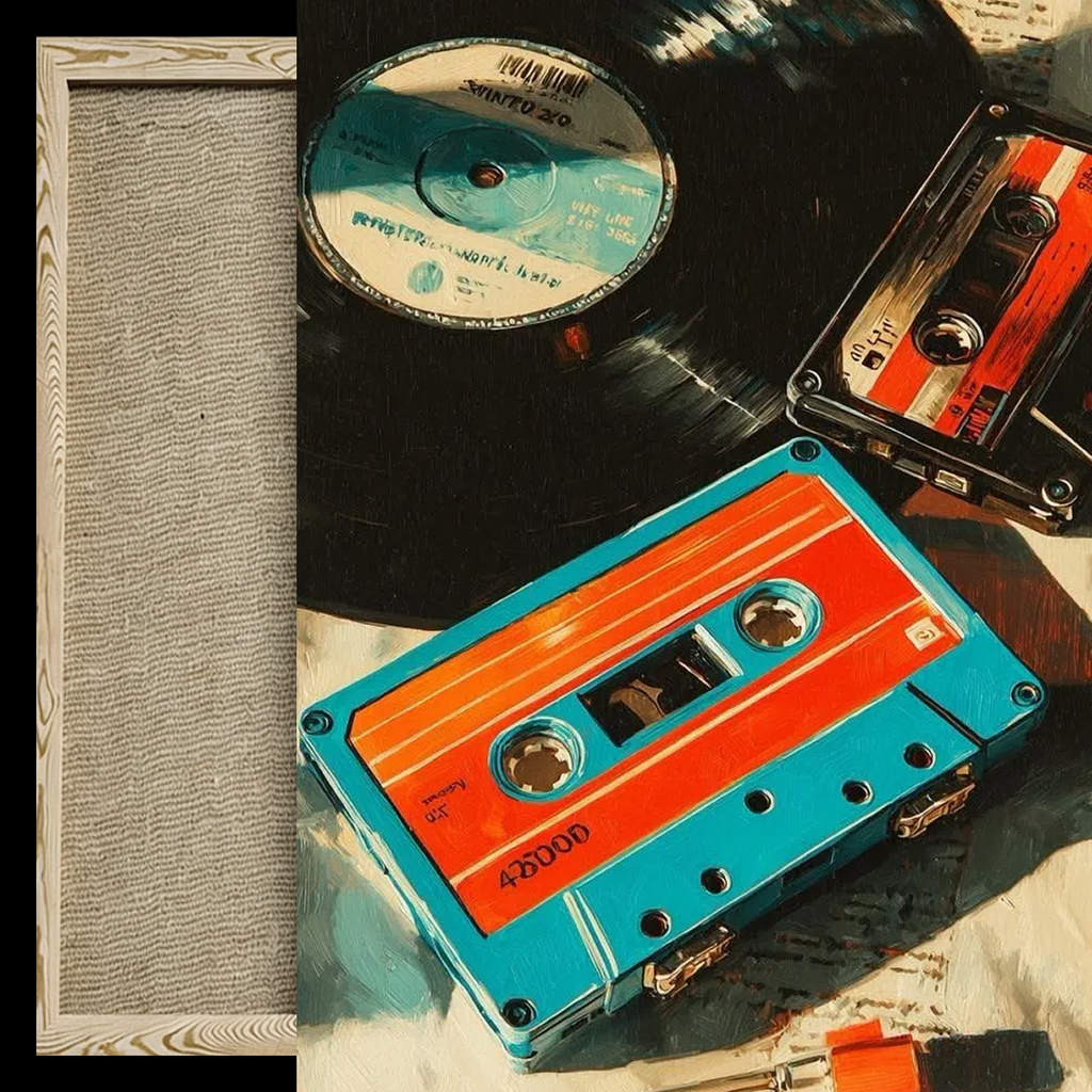 A close-up still life of vintage audio media: two cassette tapes and a vinyl record arranged on a textured surface, with a narrow vertical strip of gray woven material at the left edge.