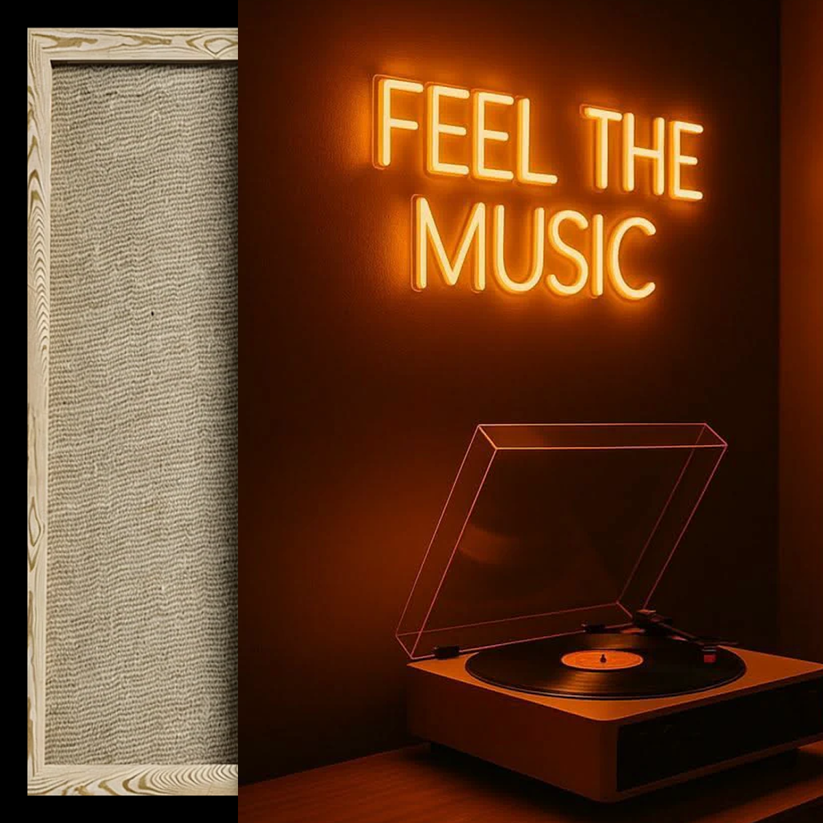 A warm-toned interior scene with a glowing orange neon-style sign reading “FEEL THE MUSIC” on a dark wall above a turntable with its lid open. A narrow vertical strip at left shows a textured beige panel or mat against a black background.