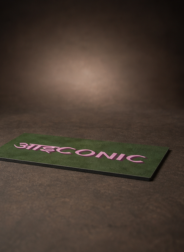 A rectangular green mat or pad with the word 'ICONIC' printed in pink across the top, photographed on a dark brown textured surface with a spotlight effect in the background.
