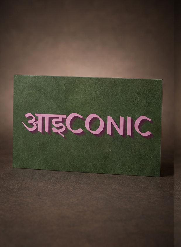 A rectangular green sign or card with the word 'AIDCONIC' in pink Devanagari-style lettering, photographed against a dark brown gradient background.
