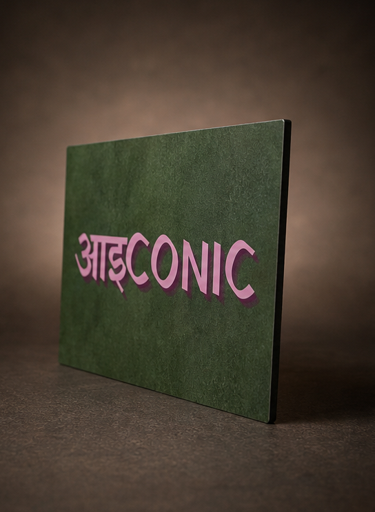 A square dark green textured sign or book cover standing upright on a dark brown surface, with the word 'AIICONIC' in pink stylized lettering across the front.