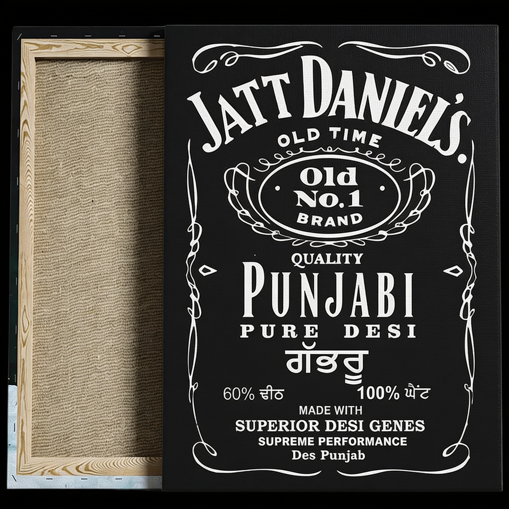 A rectangular black canvas print featuring a parody design styled like a Jatt Daniel's whiskey label, with white decorative text and border elements. The canvas is shown slightly open to reveal the textured beige fabric backing on the left, set against a plain white background.
