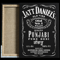 A rectangular black canvas print featuring a parody design styled like a Jatt Daniel's whiskey label, with white decorative text and border elements. The canvas is shown slightly open to reveal the textured beige fabric backing on the left, set against a plain white background.