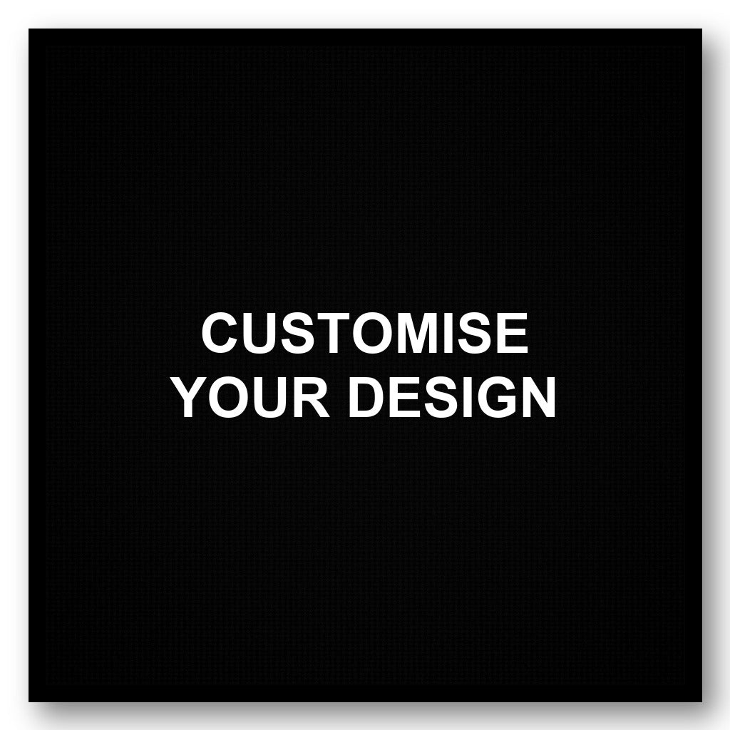 A square black graphic with the words 'CUSTOMISE YOUR DESIGN' in bold white capital letters, centered on a black background with a subtle drop shadow.