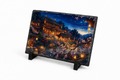 A rectangular slate plaque with a dark natural stone border, featuring a printed scenic illustration of a Japanese temple at night with glowing lanterns, cherry blossoms, and a starry blue sky. The plaque is displayed on a small black stand against a clean white background.