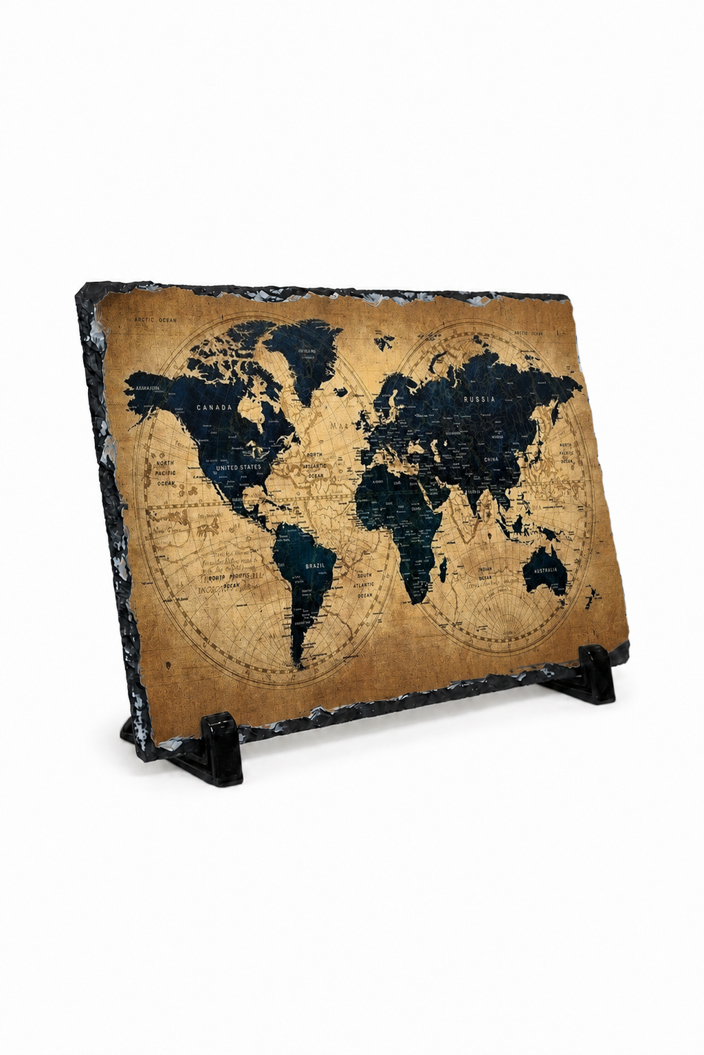 A rectangular world map wall art plaque with an aged tan background and dark navy landmasses, displayed on a small black stand against a plain white background.