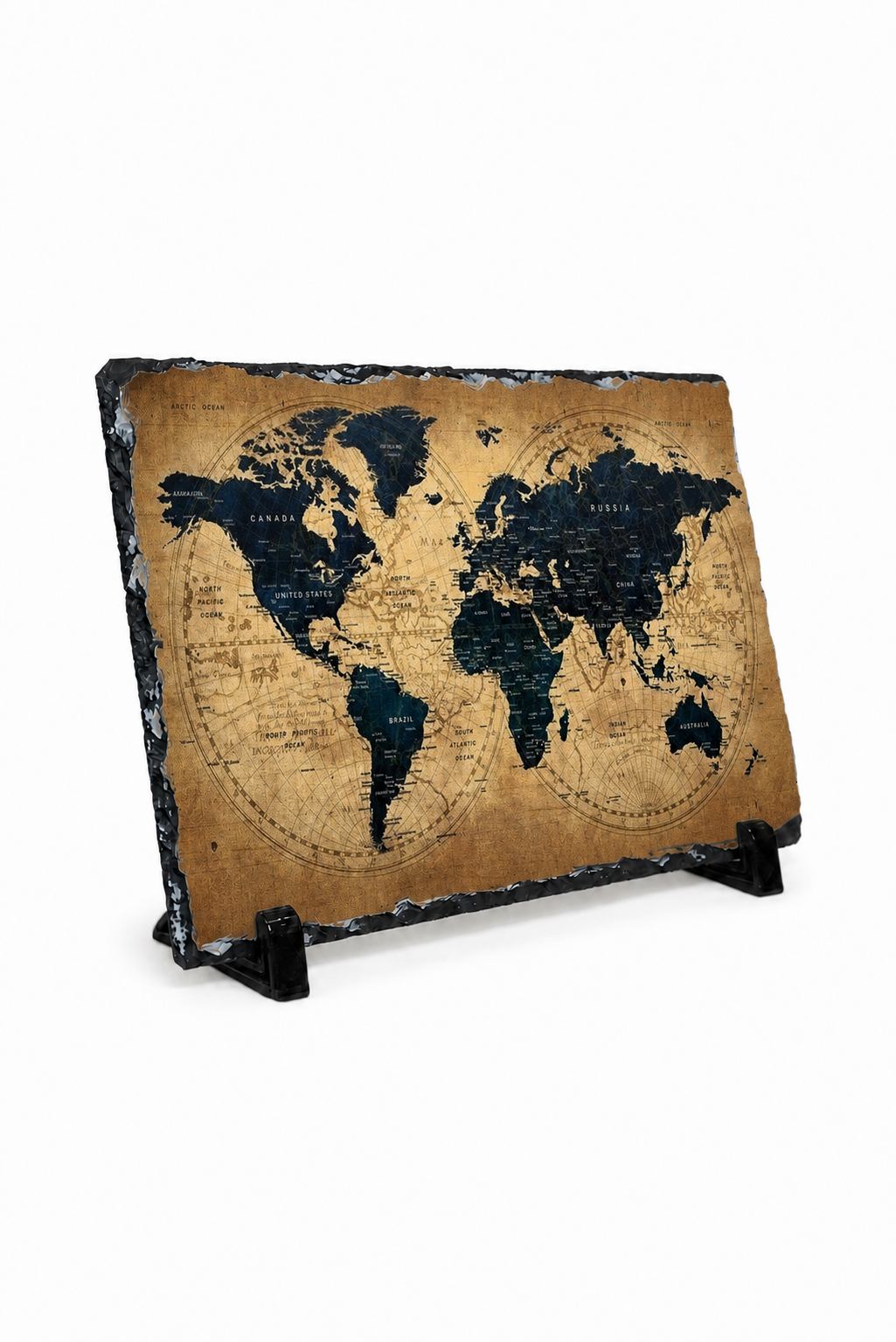 A rectangular world map wall art plaque with an aged tan background and dark navy landmasses, displayed on a small black stand against a plain white background.