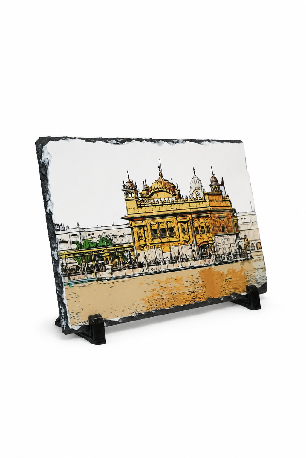 A rectangular slate serving board with a printed illustration of the Golden Temple in Amritsar, displayed on a black stand against a white background.