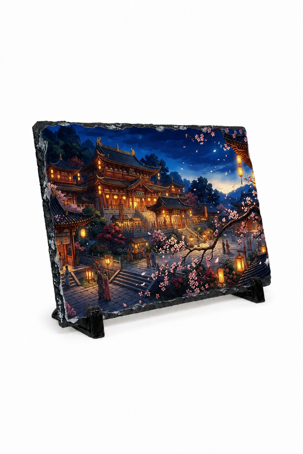 A square slate art plaque displaying a detailed painting of a traditional East Asian temple complex at night, mounted on a black display stand against a white background.