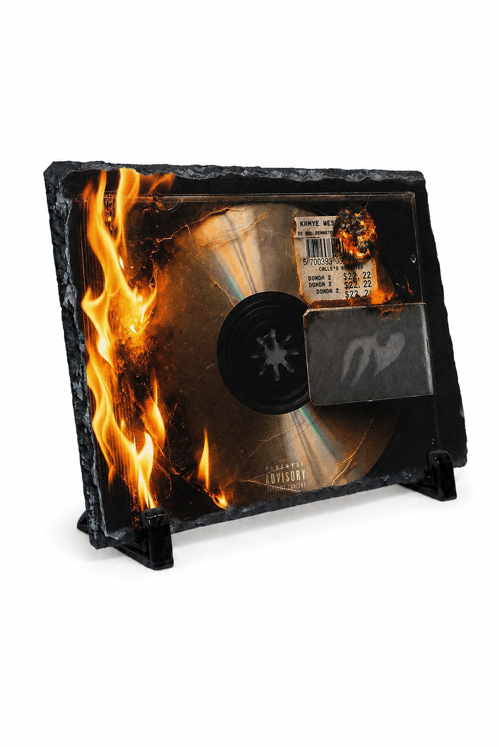 A black slate record holder with a gold-colored vinyl record inside, featuring a digital flame effect on the left side and a small black card with a white logo on the right, set against a plain white background.