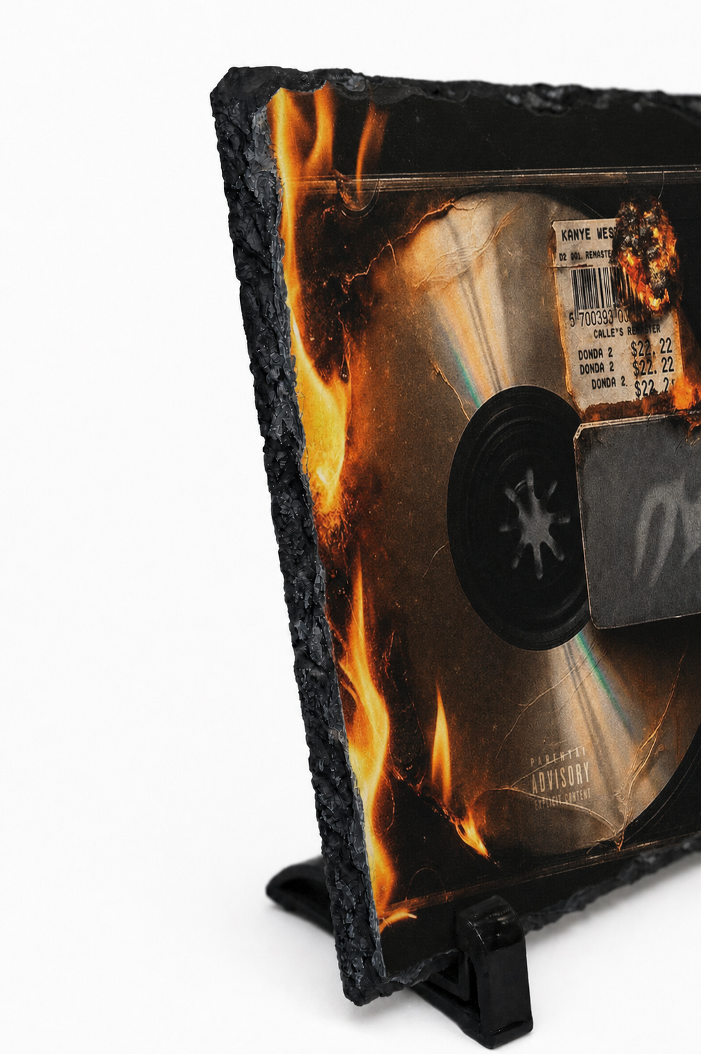A black slate record stand featuring a printed graphic of a vinyl record engulfed in flames, shown on a white background.