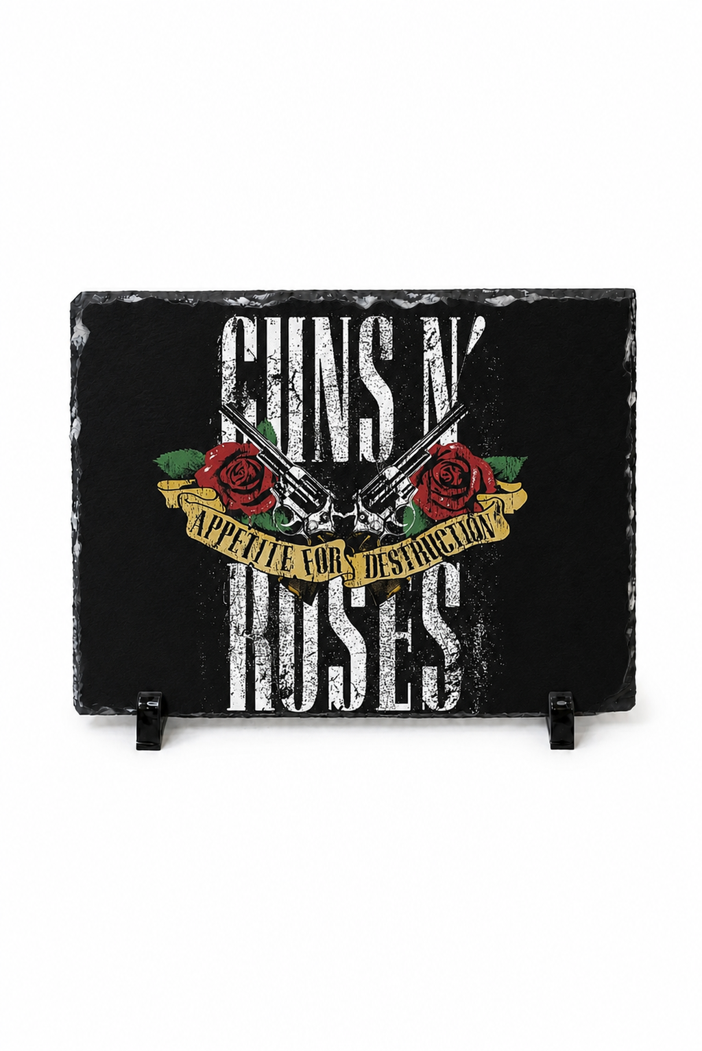 A rectangular black slate sign featuring Guns N' Roses artwork with distressed white text, red roses, crossed pistols, and a gold banner reading 'Appetite For Destruction', displayed on a white background with two small black stands.