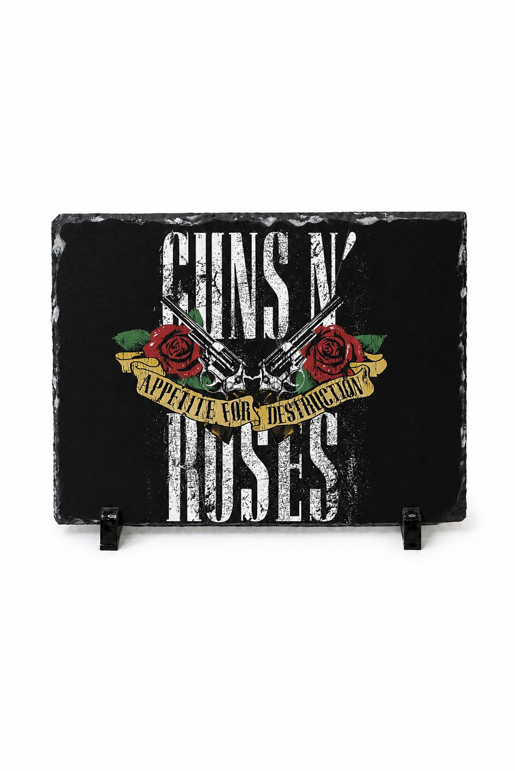 A rectangular black slate sign featuring Guns N' Roses artwork with distressed white text, red roses, crossed pistols, and a gold banner reading 'Appetite For Destruction', displayed on a white background with two small black stands.