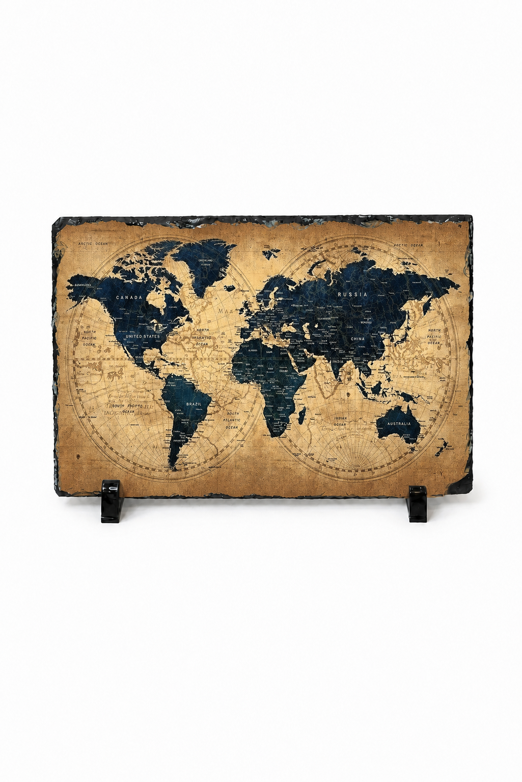 A rectangular vintage-style world map wall art piece with a distressed tan background and dark navy landmasses, displayed on a small black stand against a plain white background.