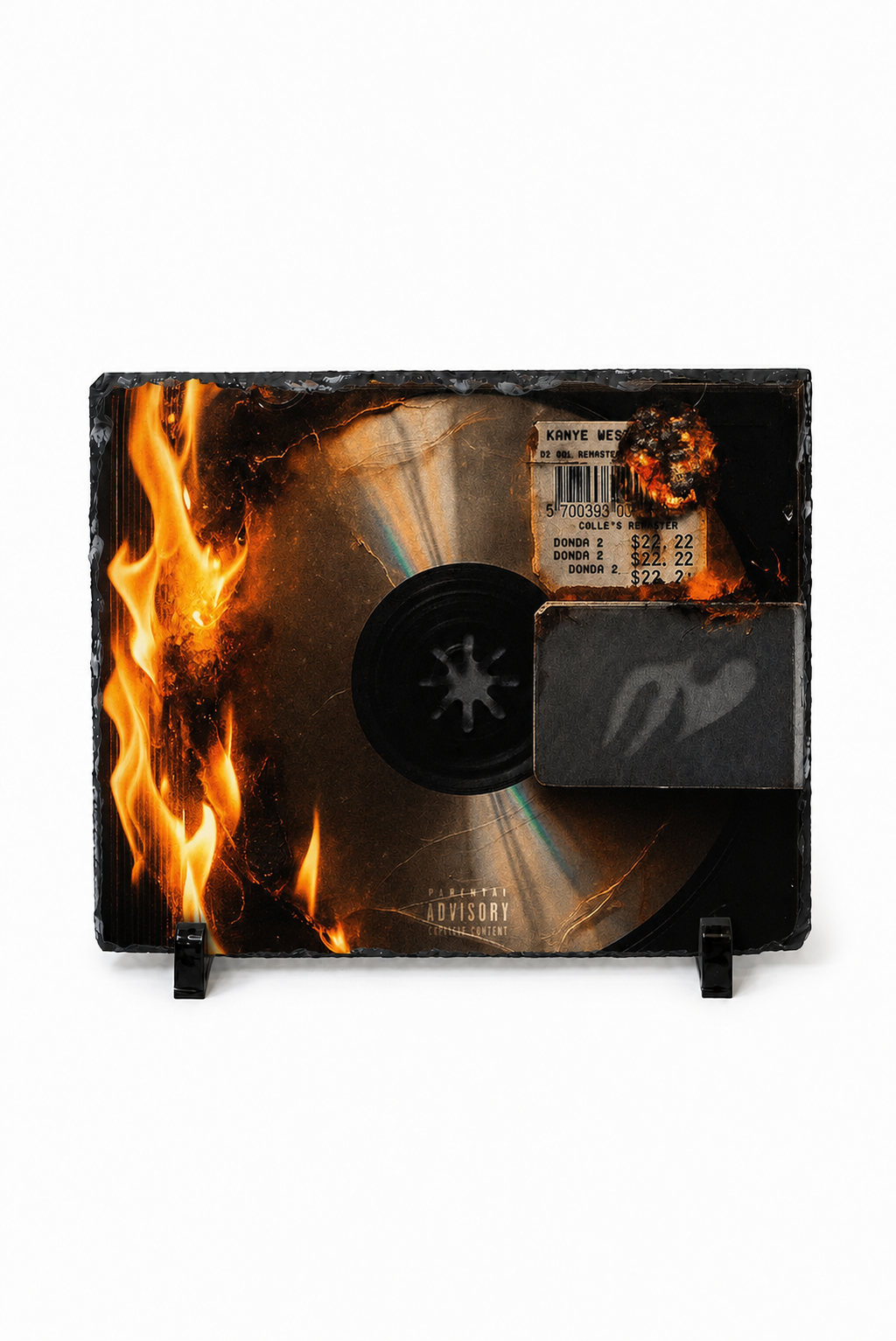 A rectangular black display stand featuring a printed graphic of a burning vinyl record with orange flames on the left and a small gray rectangular plaque on the right, shown on a white background.