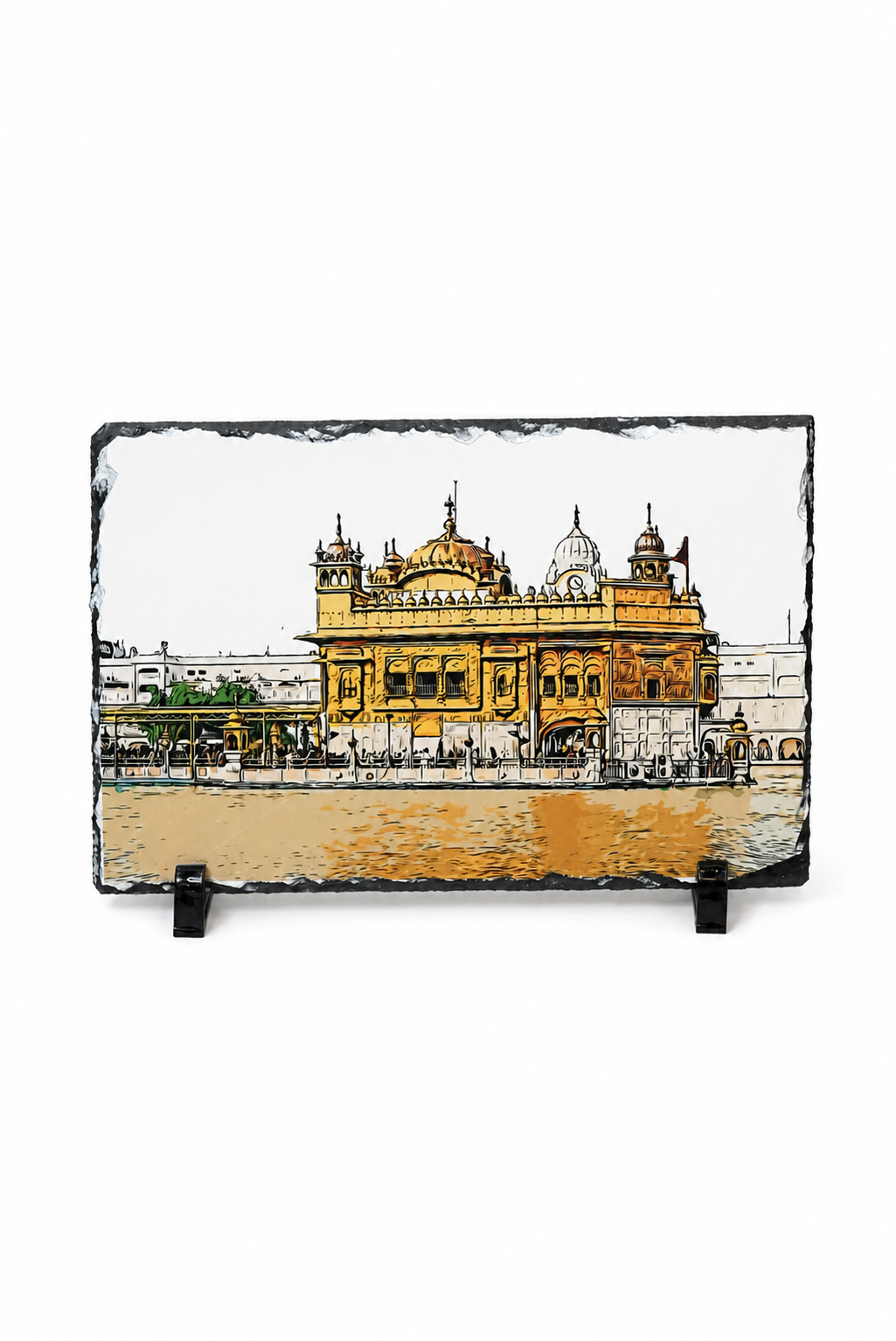 A rectangular slate serving board with a hand-painted illustration of the Golden Temple in Amritsar, displayed on a clean white background with two small black stands.
