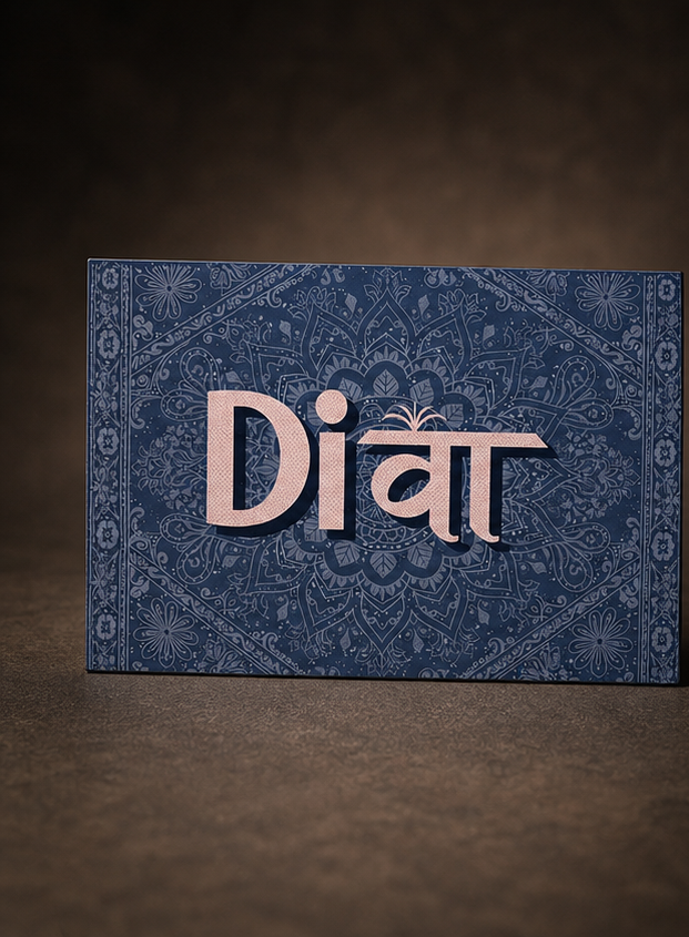A rectangular blue decorative card or box with an ornate floral pattern and the word 'Divi' in large metallic pink letters, photographed against a dark brown textured background.