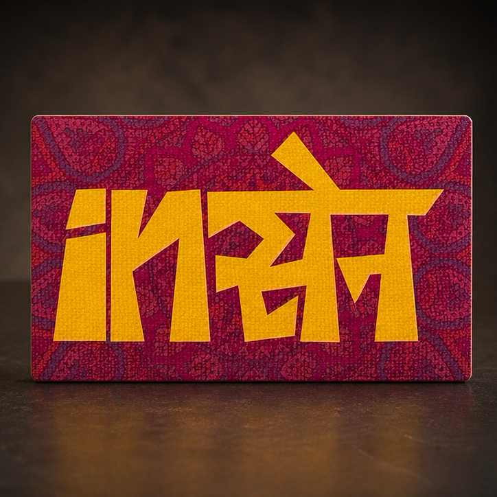 A rectangular decorative canvas print featuring the word 'Insane' in bold yellow letters over a textured magenta and purple patterned background, displayed on a dark wooden surface.