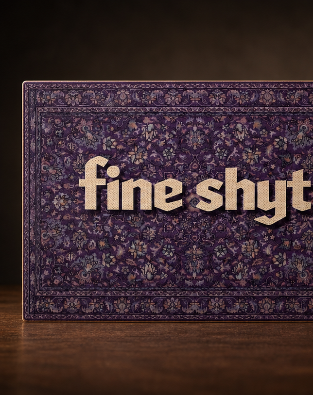 A rectangular product with a dark purple ornate patterned surface and large beige text reading 'fine shyt' across the front, photographed on a wooden surface against a dark brown background.