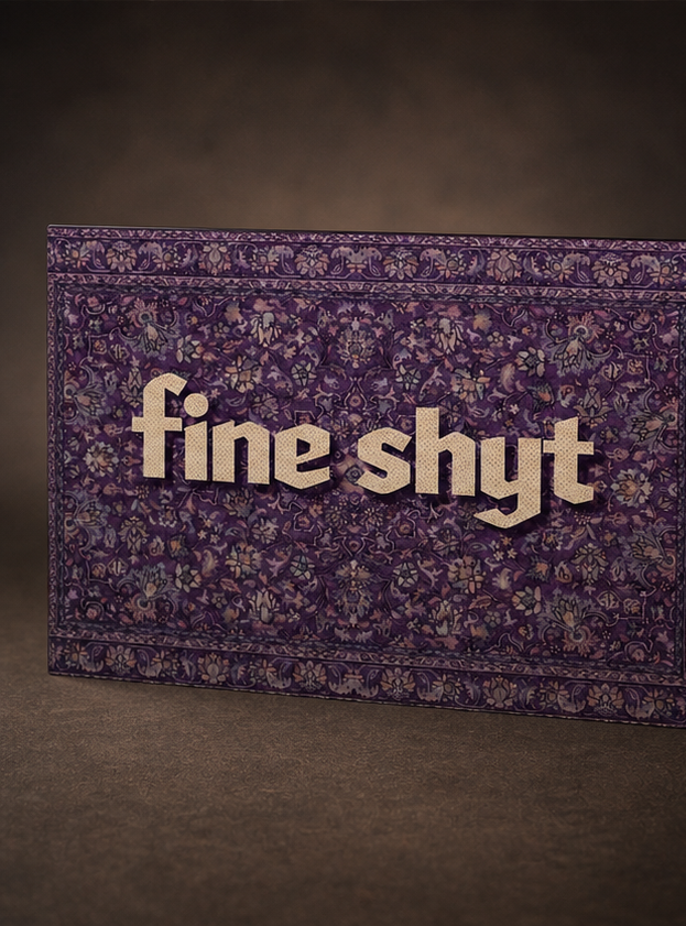 A rectangular product with a purple floral pattern and raised beige text reading 'fine shyt' on the front, photographed against a dark brown studio background.